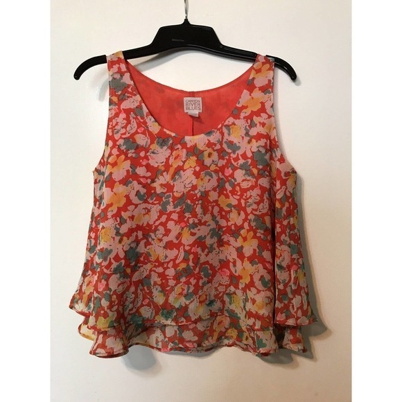 Canyon River Blues Red Floral Ruffled Tank Sz S - Picture 1 of 7